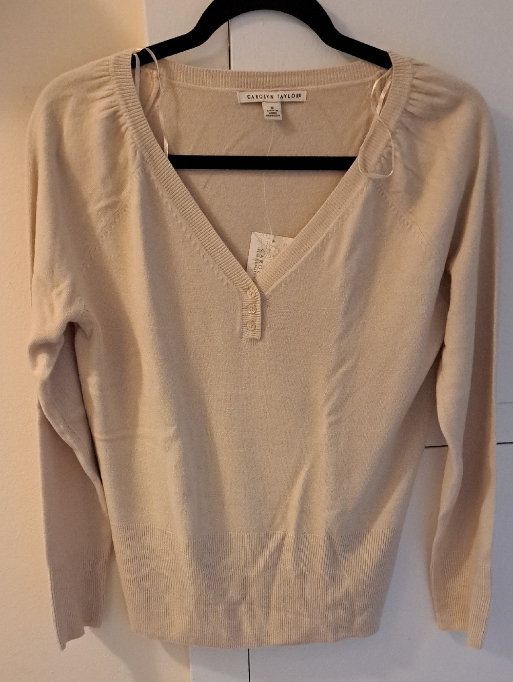 Carolyn Taylor Cream V-Neck Button Placket Sweater